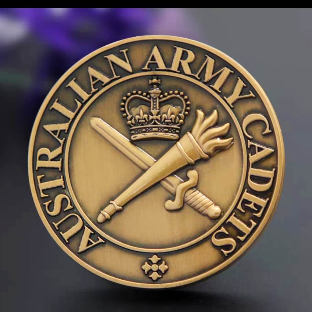 Die-struck antique gold lapel pin for Australian Army Cadets